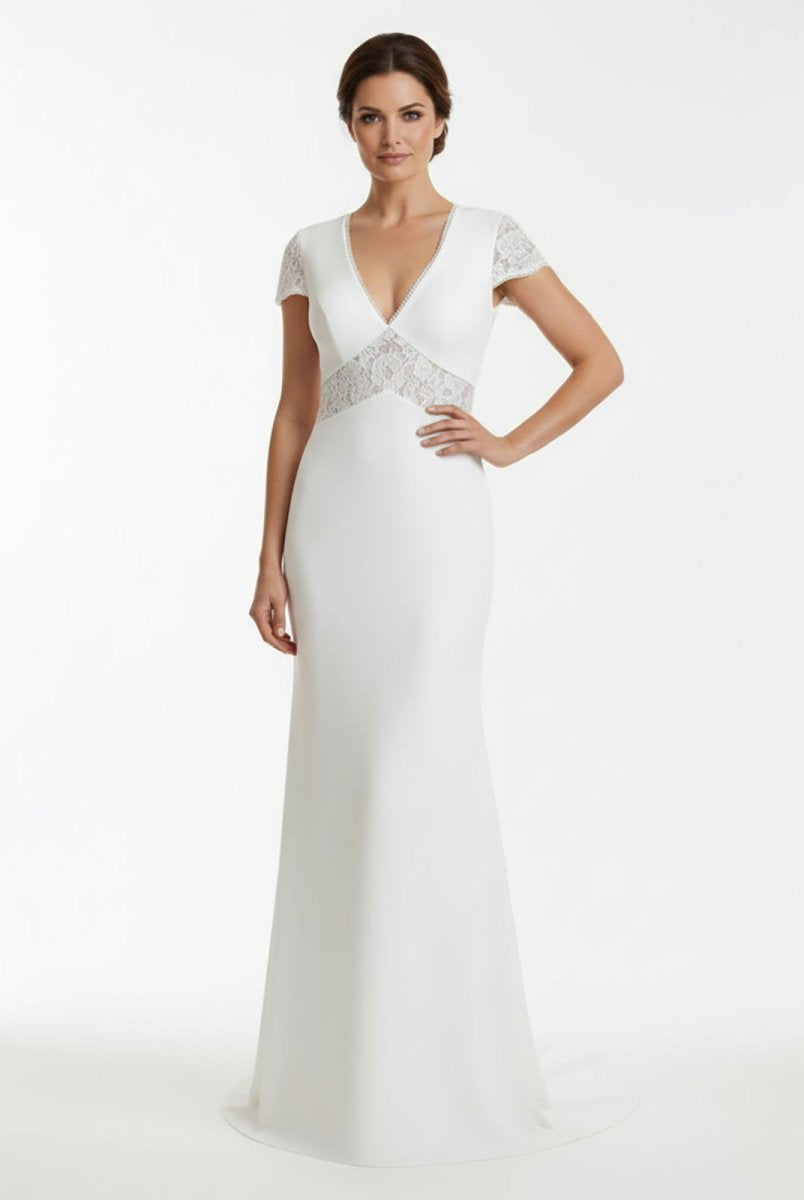 Modest Simple Sheath Short Sleeve Empire Floor - Length Sweep Train Chiffon V - neck Wedding Dress - KissProm