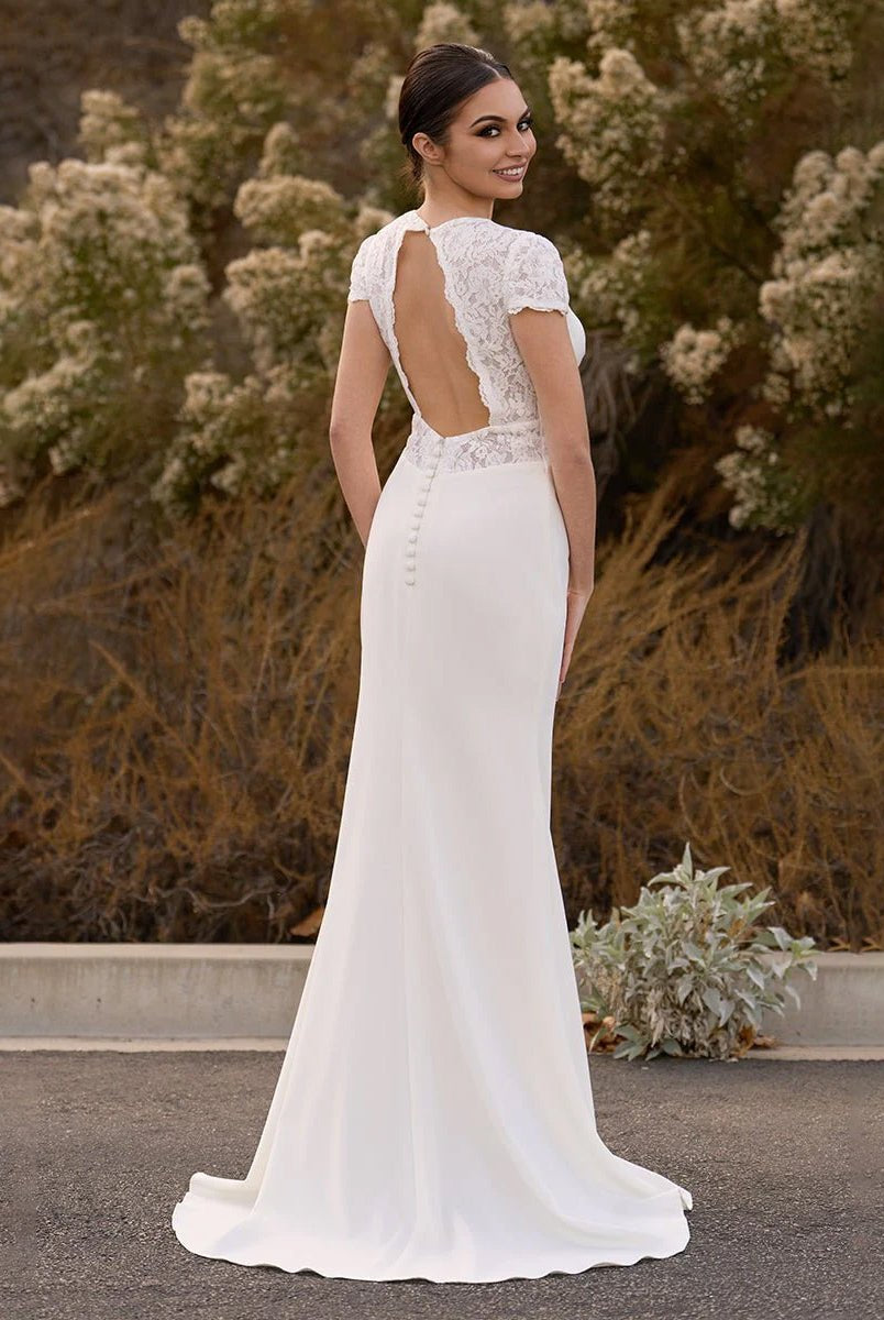 Modest Simple Sheath Short Sleeve Empire Floor - Length Sweep Train Chiffon V - neck Wedding Dress - KissProm