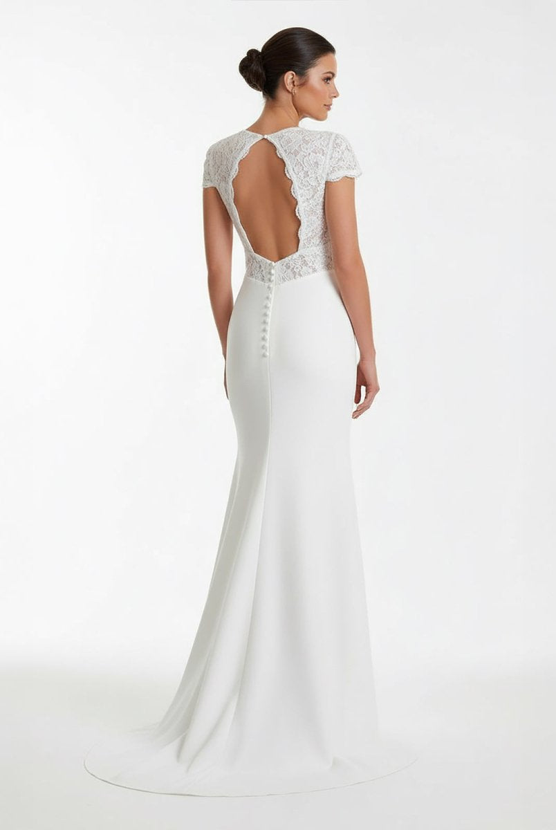 Modest Simple Sheath Short Sleeve Empire Floor - Length Sweep Train Chiffon V - neck Wedding Dress - KissProm