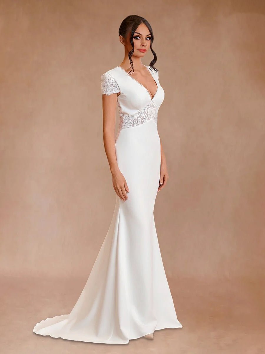 Modest Simple Sheath Short Sleeve Empire Floor - Length Sweep Train Chiffon V - neck Wedding Dress - KissProm