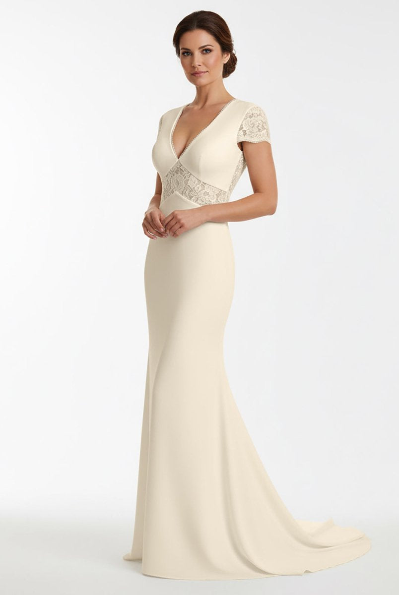 Modest Simple Sheath Short Sleeve Empire Floor - Length Sweep Train Chiffon V - neck Wedding Dress - KissProm