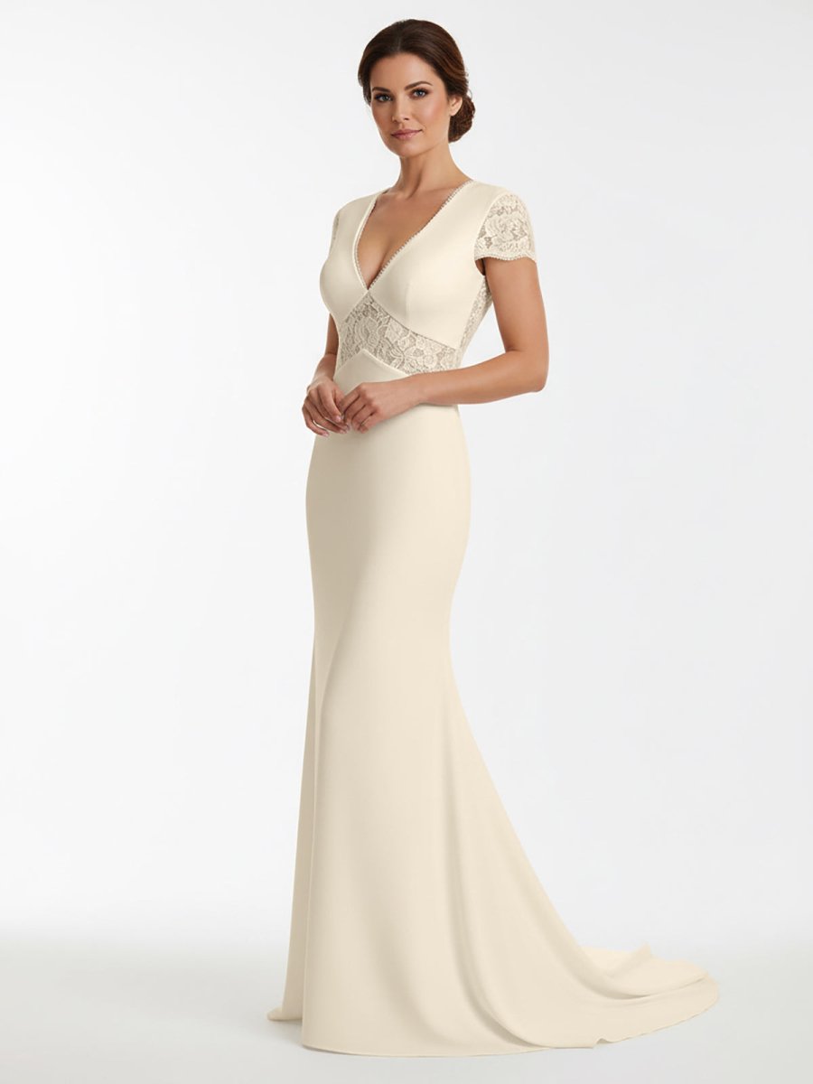 Modest Simple Sheath Short Sleeve Empire Floor - Length Sweep Train Chiffon V - neck Wedding Dress - KissProm
