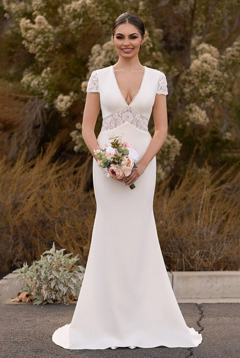 Modest Simple Sheath Short Sleeve Empire Floor - Length Sweep Train Chiffon V - neck Wedding Dress - KissProm