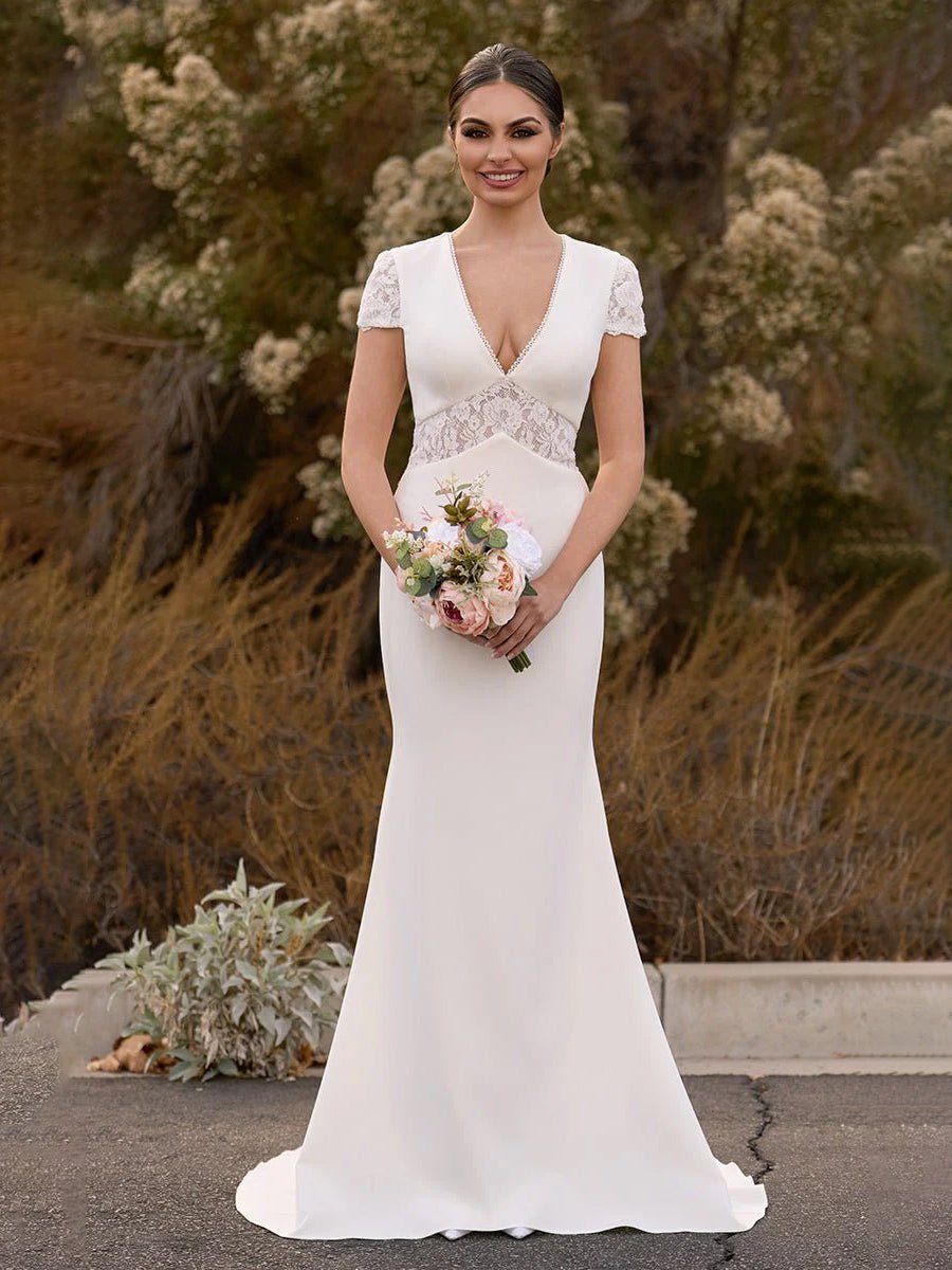 Modest Simple Sheath Short Sleeve Empire Floor - Length Sweep Train Chiffon V - neck Wedding Dress - KissProm