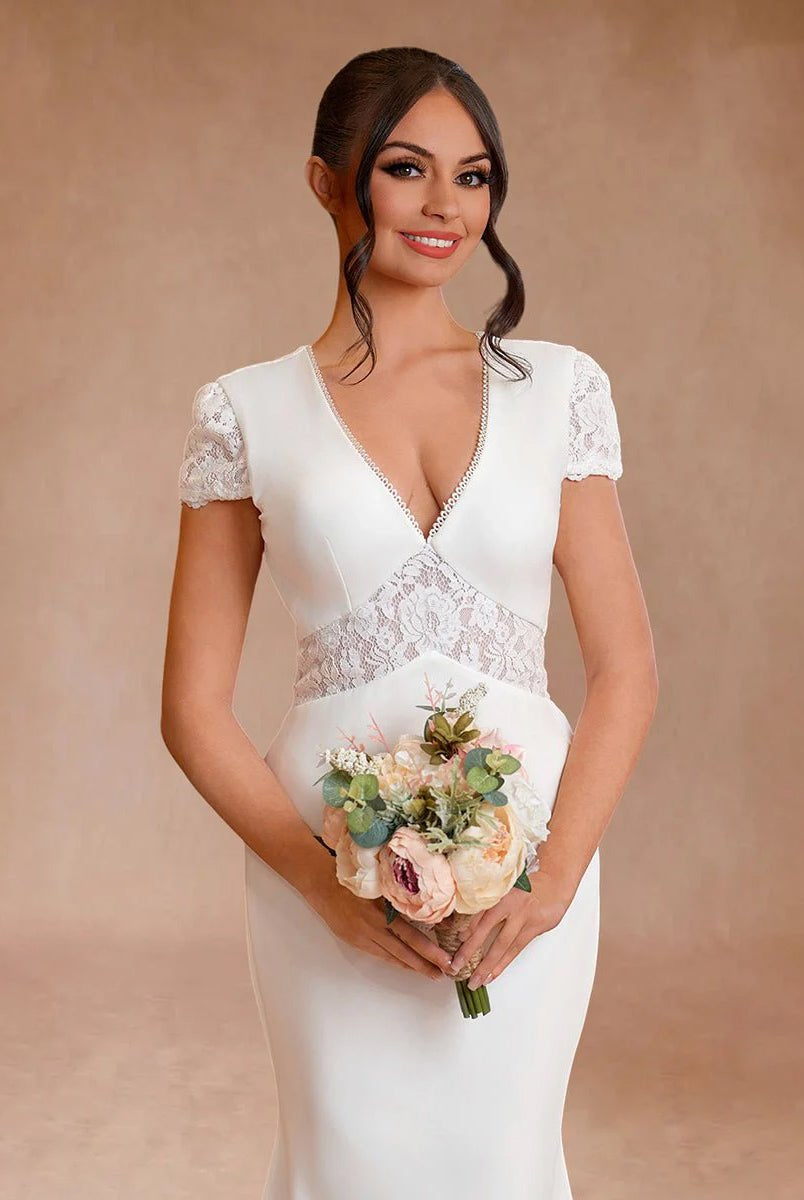 Modest Simple Sheath Short Sleeve Empire Floor - Length Sweep Train Chiffon V - neck Wedding Dress - KissProm