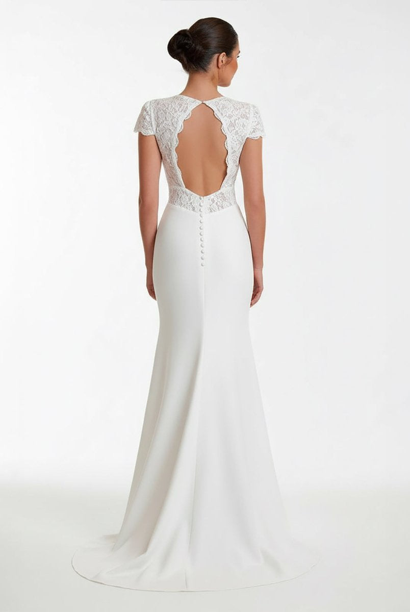 Modest Simple Sheath Short Sleeve Empire Floor - Length Sweep Train Chiffon V - neck Wedding Dress - KissProm