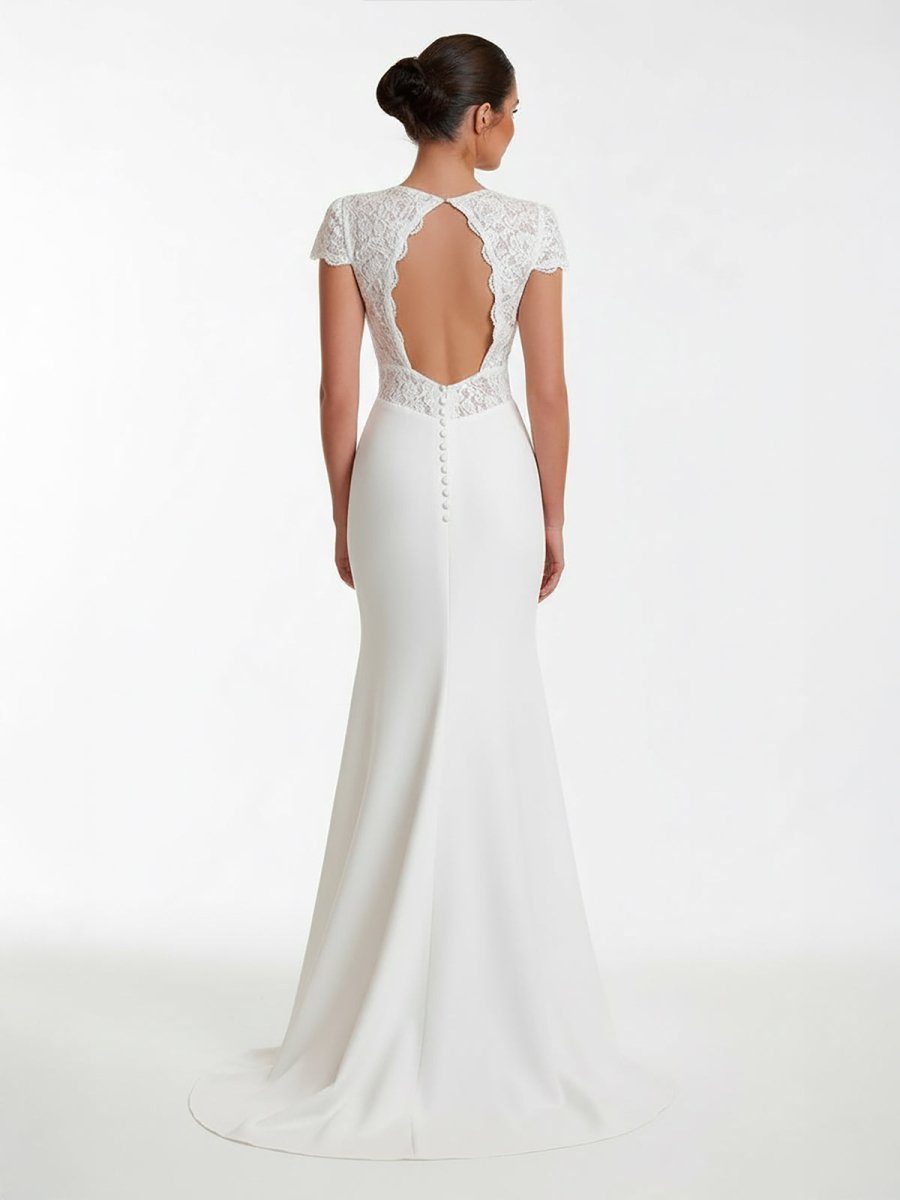 Modest Simple Sheath Short Sleeve Empire Floor - Length Sweep Train Chiffon V - neck Wedding Dress - KissProm