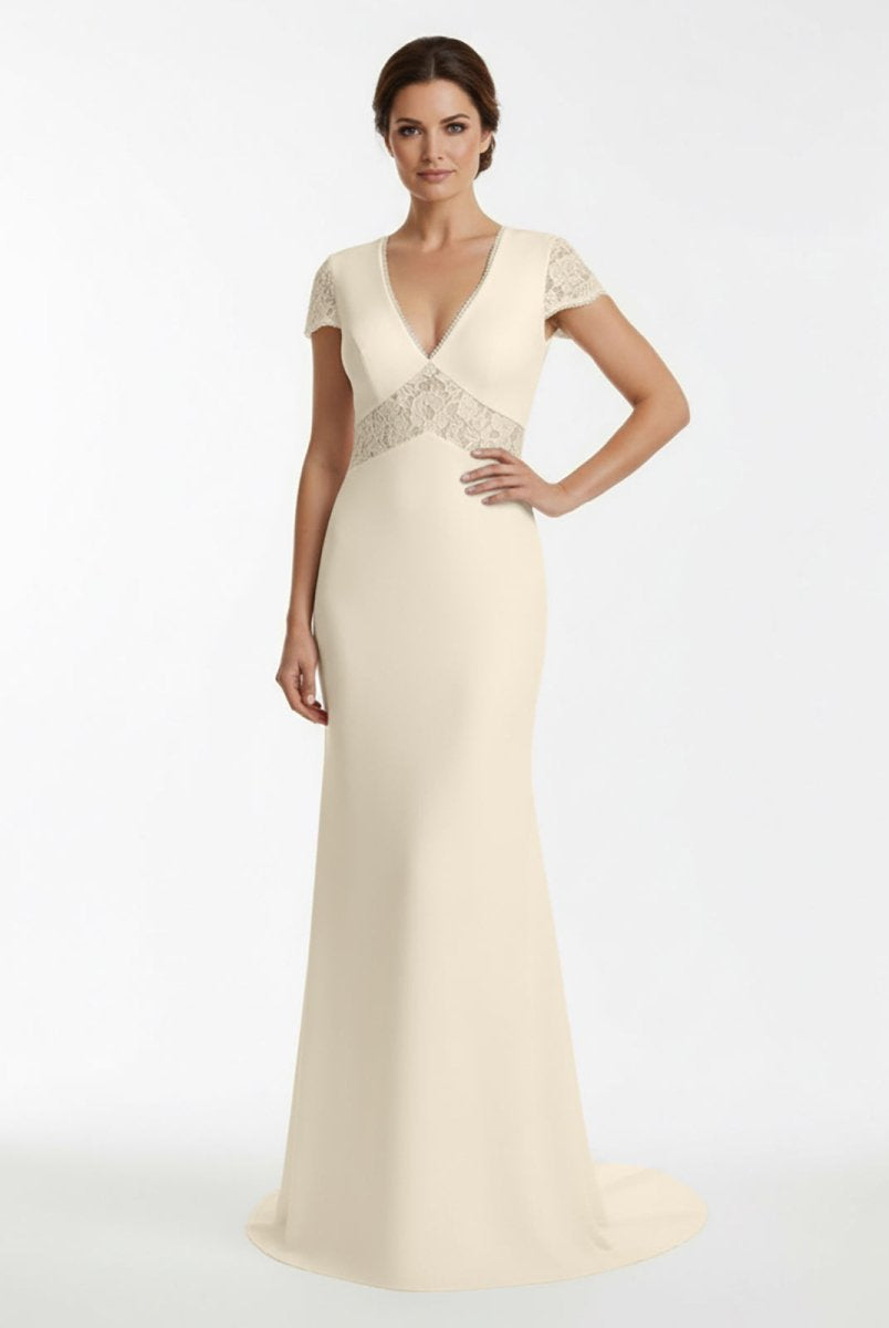 Modest Simple Sheath Short Sleeve Empire Floor - Length Sweep Train Chiffon V - neck Wedding Dress - KissProm