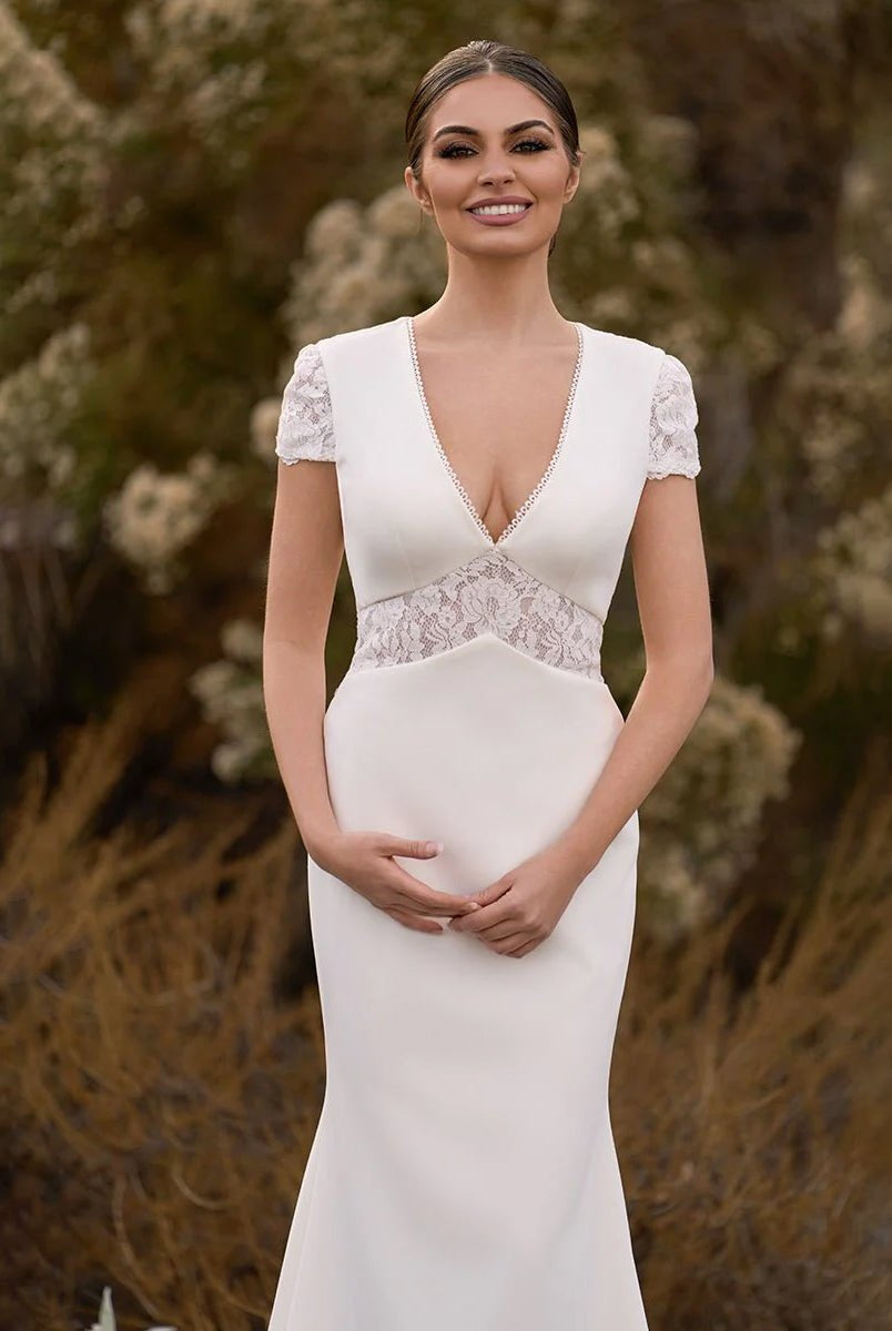 Modest Simple Sheath Short Sleeve Empire Floor - Length Sweep Train Chiffon V - neck Wedding Dress - KissProm