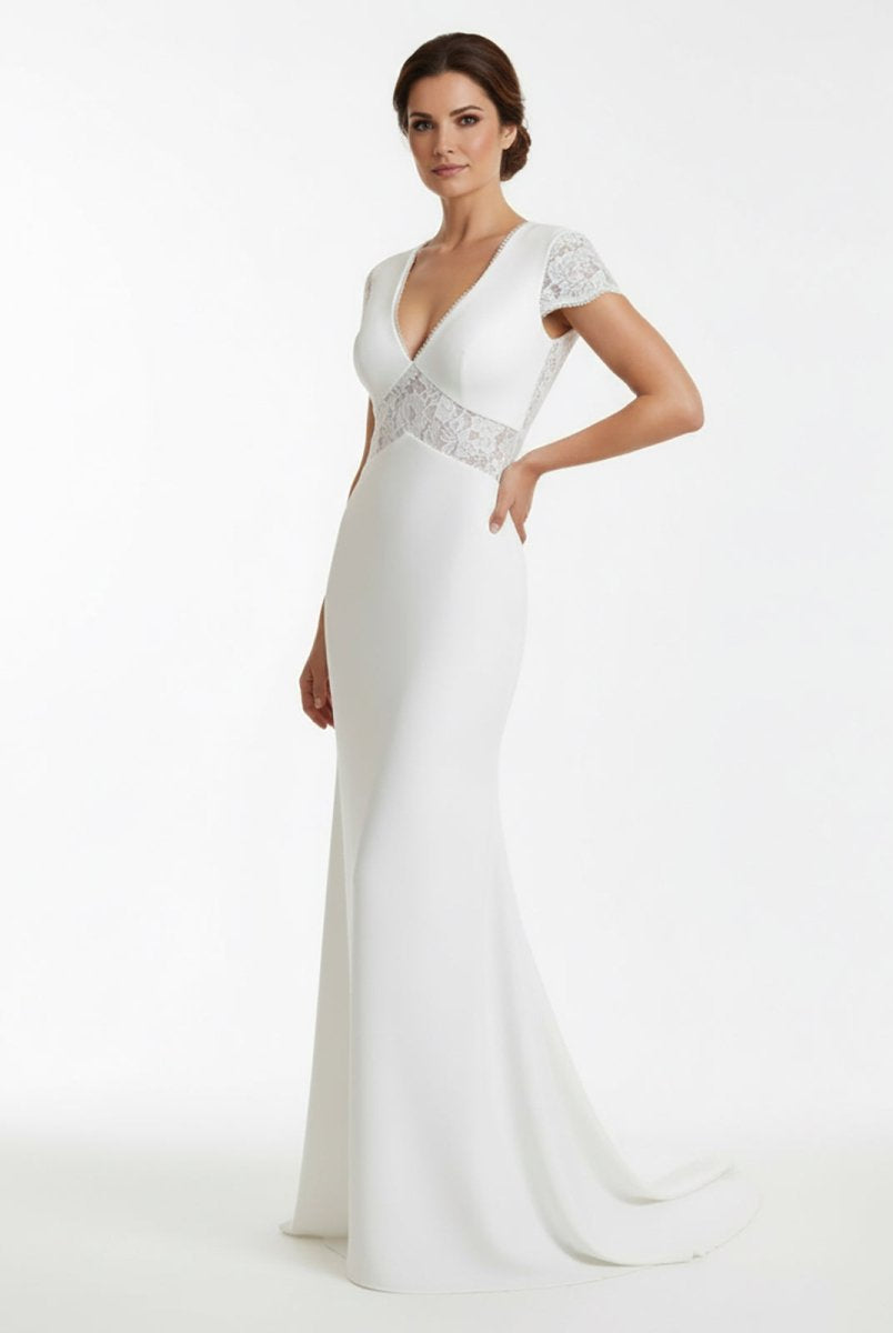 Modest Simple Sheath Short Sleeve Empire Floor - Length Sweep Train Chiffon V - neck Wedding Dress - KissProm