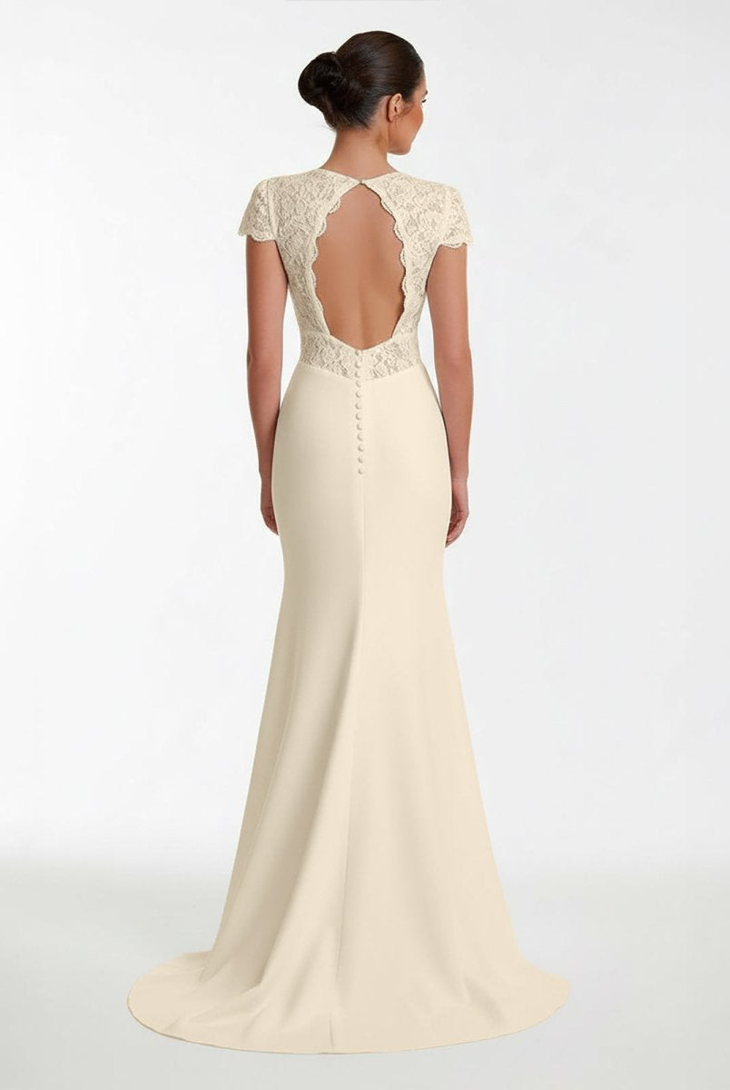 Modest Simple Sheath Short Sleeve Empire Floor - Length Sweep Train Chiffon V - neck Wedding Dress - KissProm