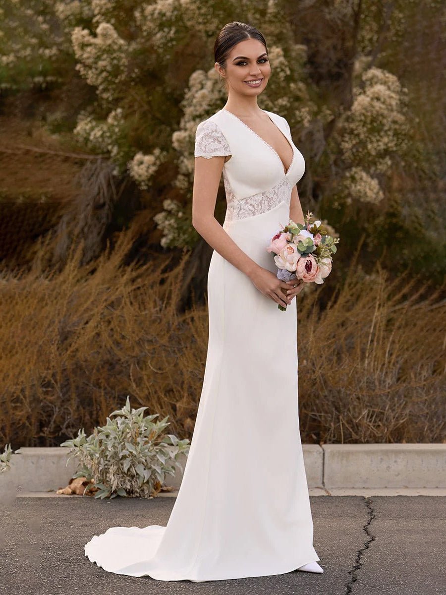 Modest Simple Sheath Short Sleeve Empire Floor - Length Sweep Train Chiffon V - neck Wedding Dress - KissProm
