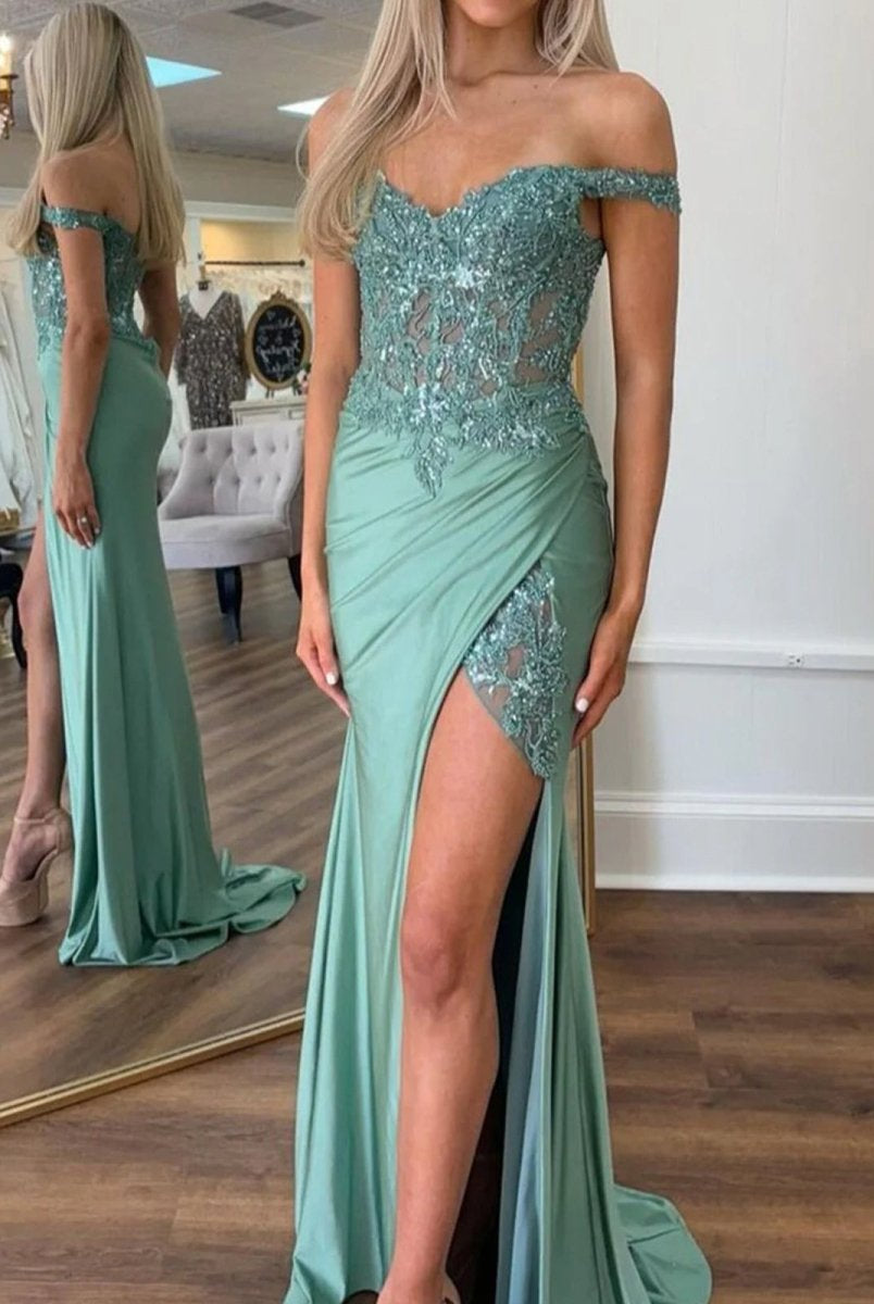 Modesty | Green Off The Shoulder Appliqued Mermaid Prom Dress With Split