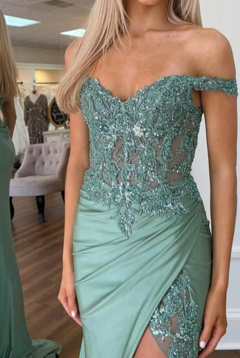 Modesty | Green Off The Shoulder Appliqued Mermaid Prom Dress With Split