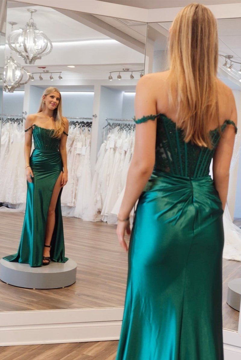 Moonlit | Emerald Satin Off-the-Shoulder Mermaid Long Formal Dress with Slit