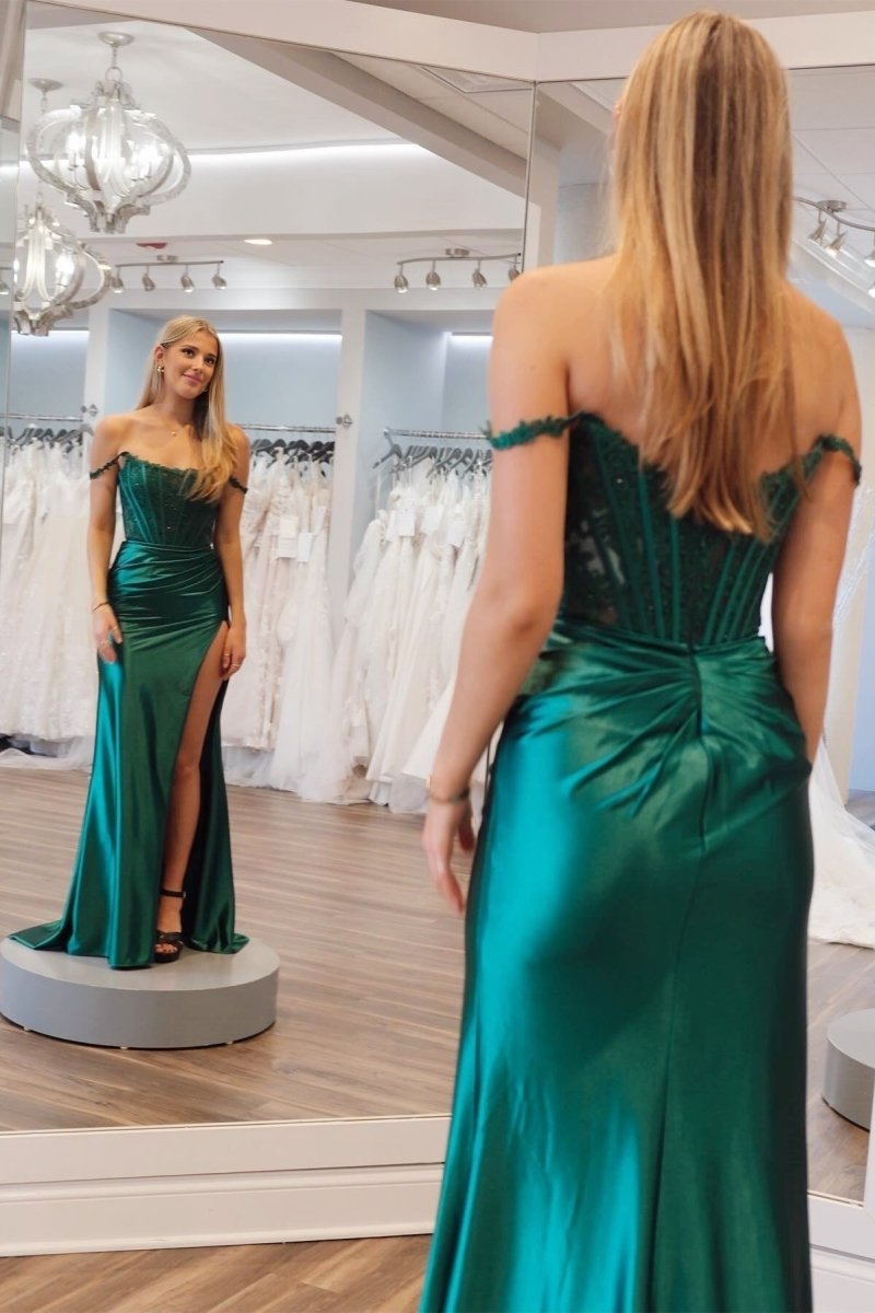 Moonlit | Emerald Satin Off-the-Shoulder Mermaid Long Formal Dress with Slit