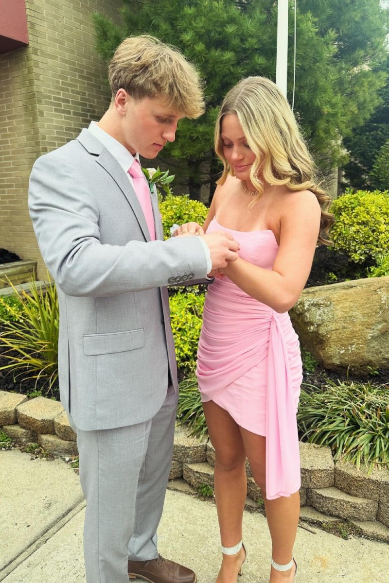 Morganite | Pink - Sheath Strapless Pleated Short Homecoming Dresses With Train