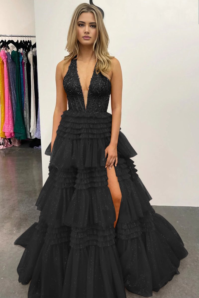 Morton|Red Tulle Appliques Halter Ruffle Tiered Ball Gown