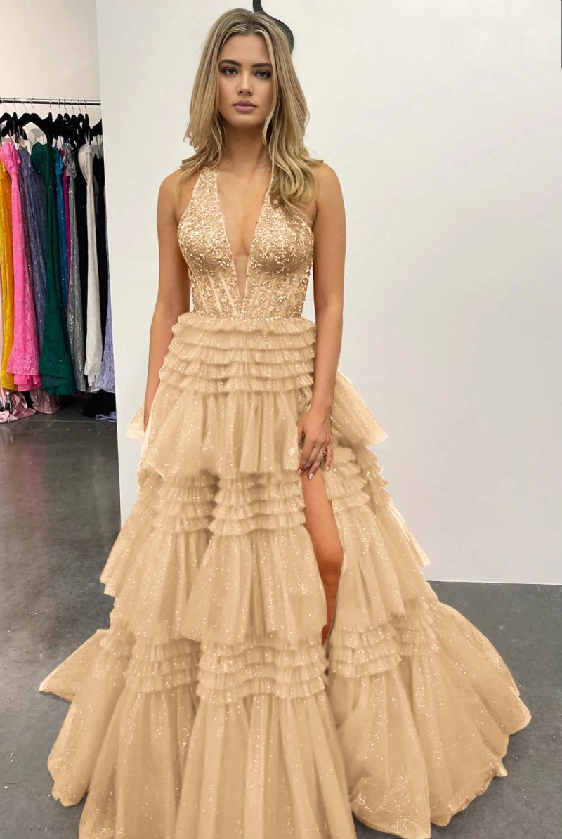 Morton|Red Tulle Appliques Halter Ruffle Tiered Ball Gown