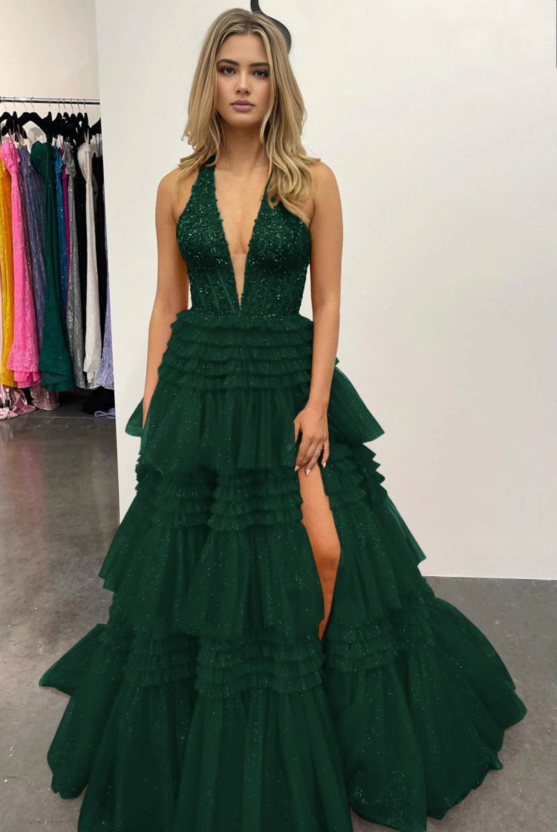 Morton|Red Tulle Appliques Halter Ruffle Tiered Ball Gown