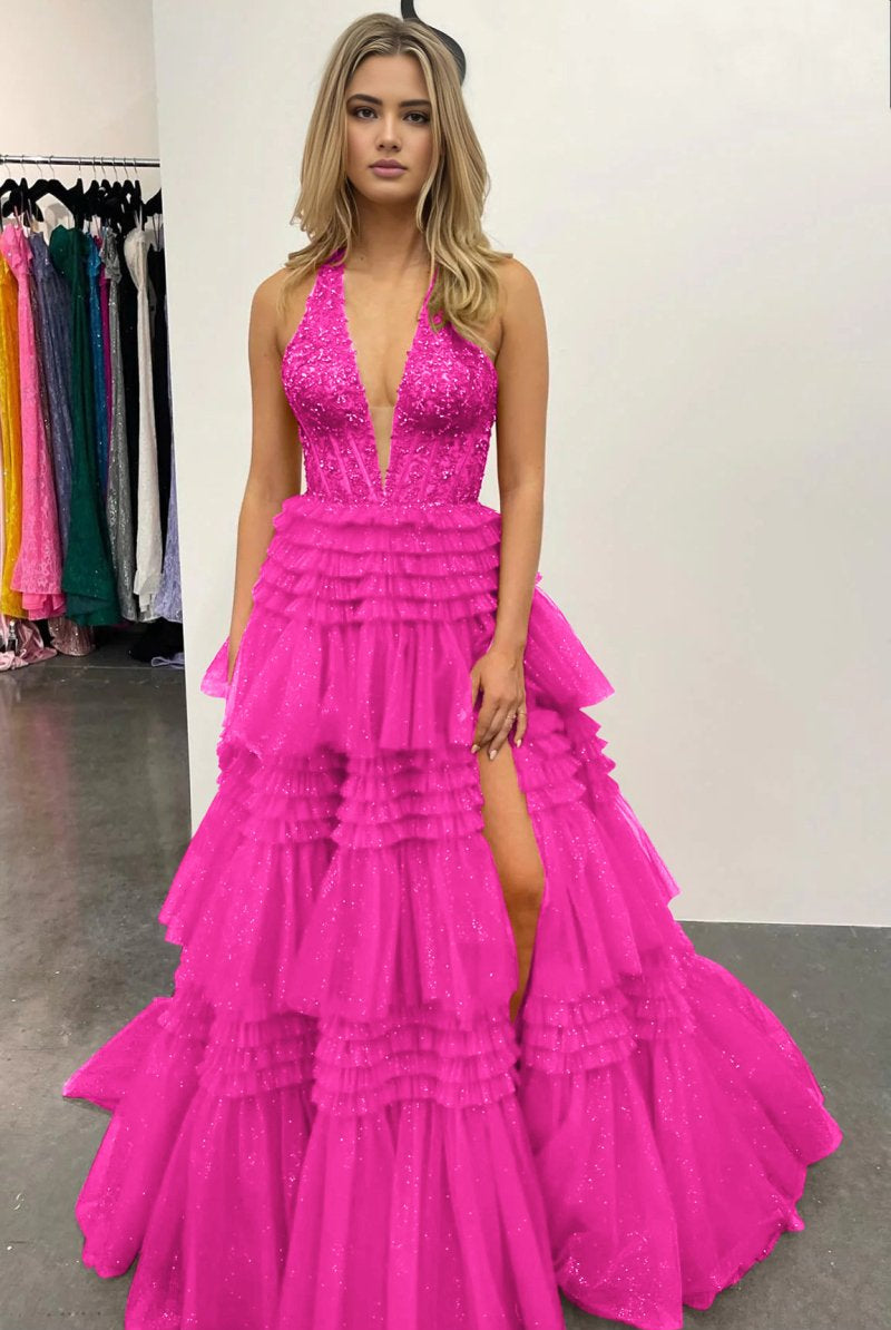 Morton|Red Tulle Appliques Halter Ruffle Tiered Ball Gown