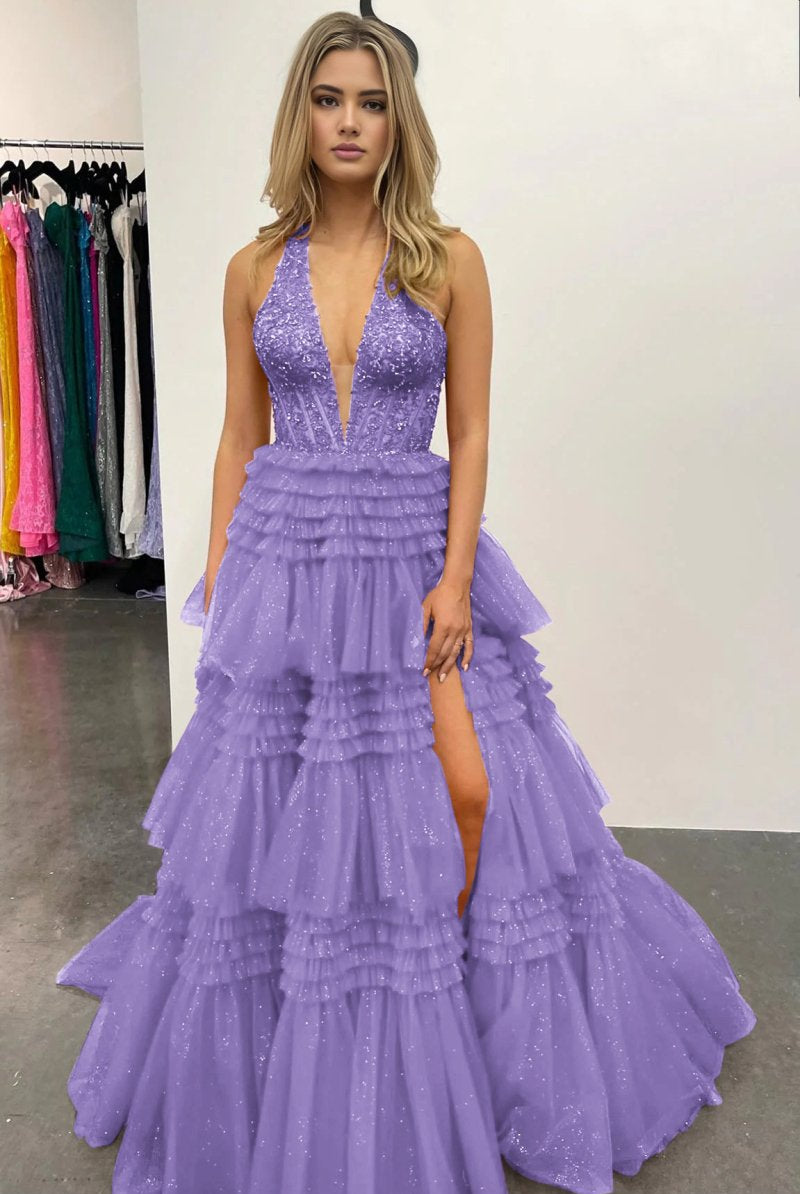 Morton|Red Tulle Appliques Halter Ruffle Tiered Ball Gown