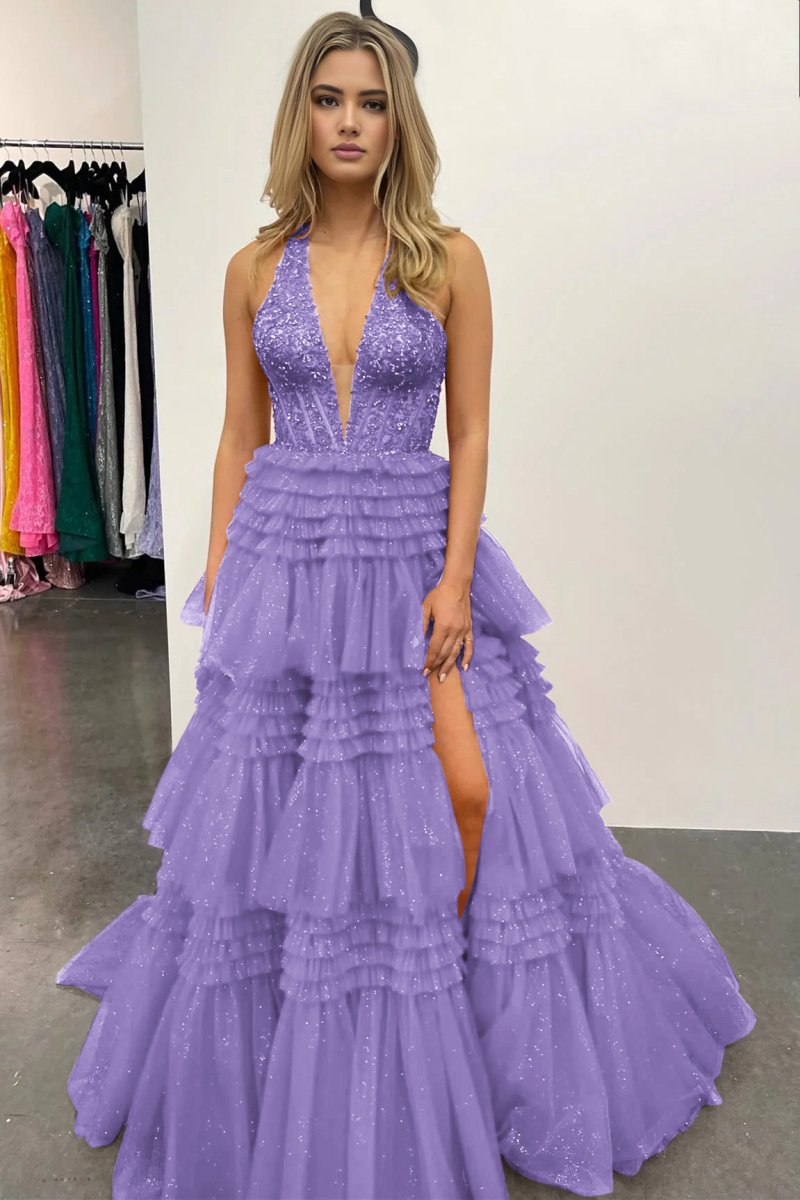 Morton|Red Tulle Appliques Halter Ruffle Tiered Ball Gown