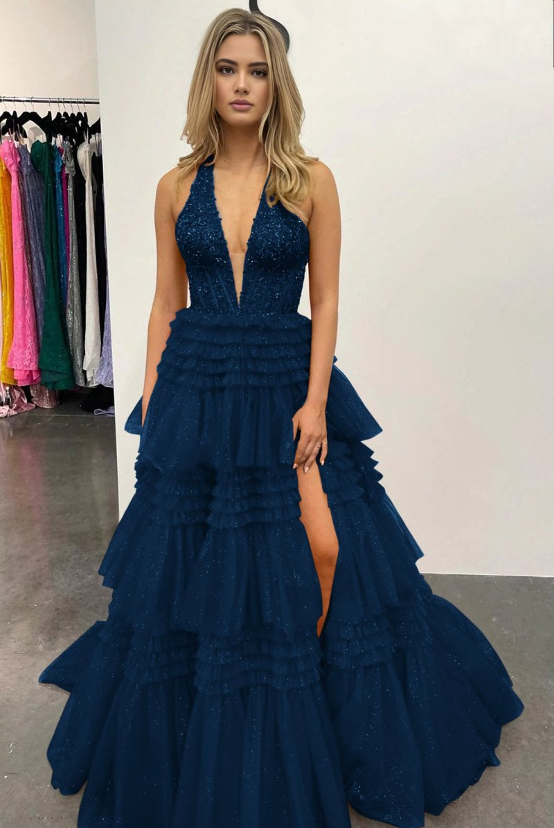 Morton|Red Tulle Appliques Halter Ruffle Tiered Ball Gown