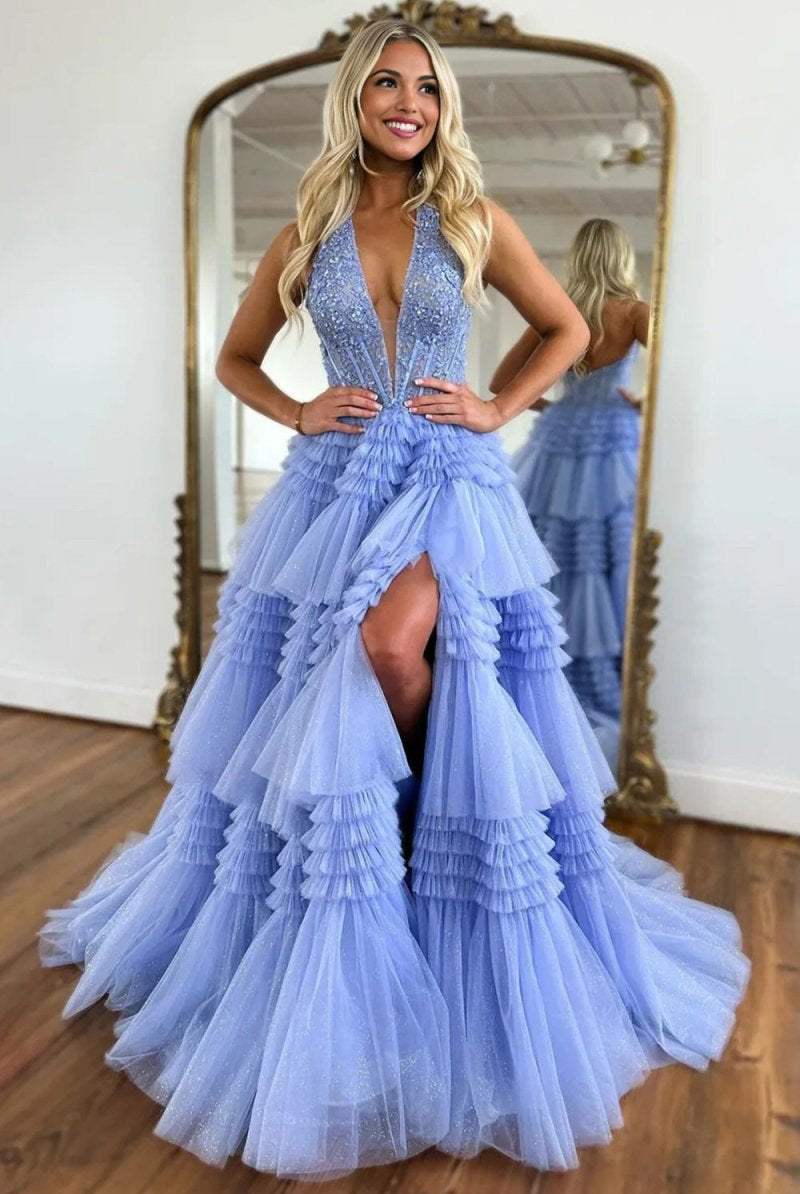 Morton|Red Tulle Appliques Halter Ruffle Tiered Ball Gown