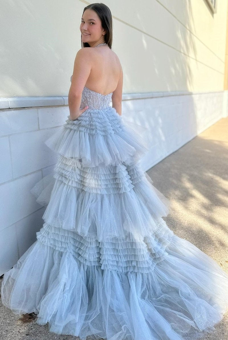 Morton|Red Tulle Appliques Halter Ruffle Tiered Ball Gown