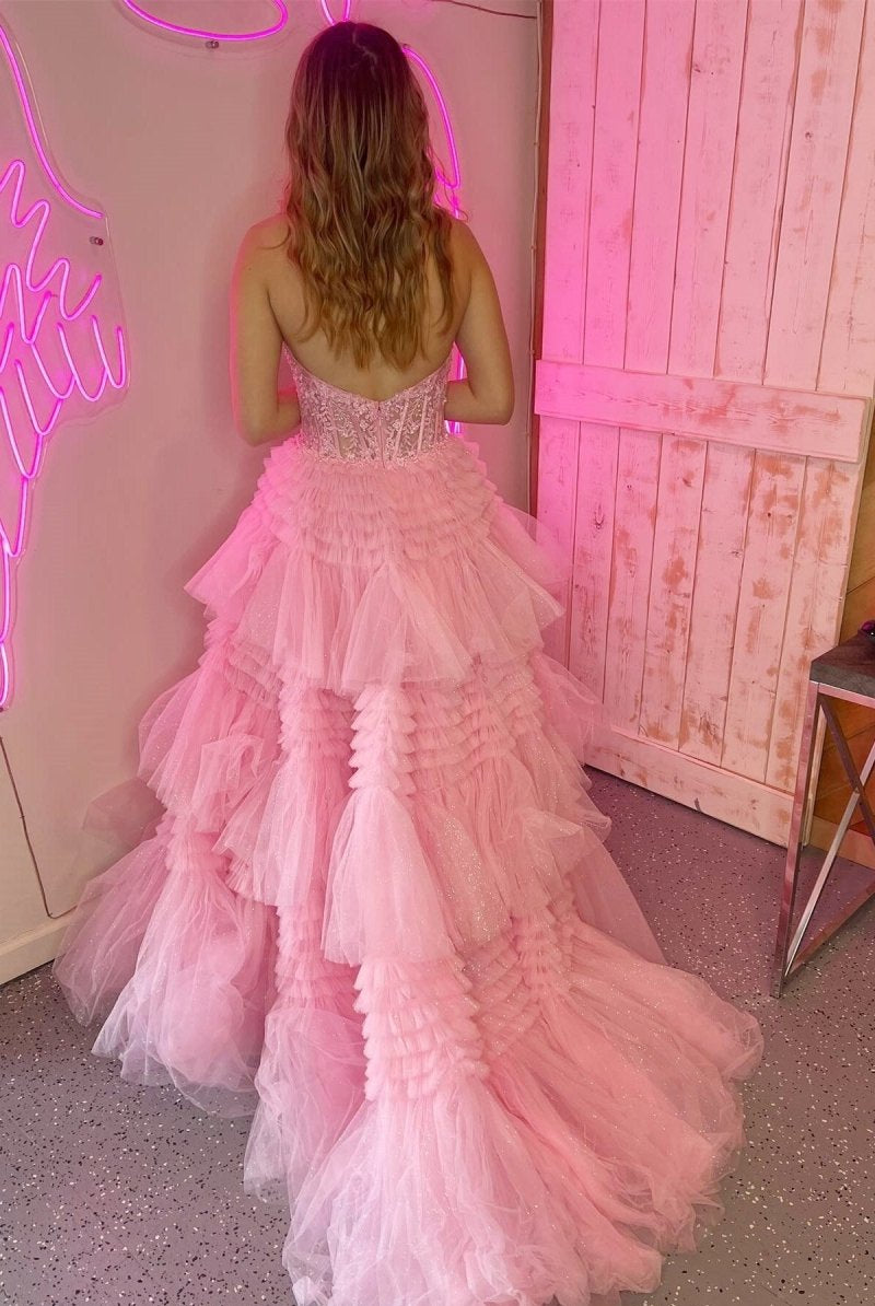 Morton|Red Tulle Appliques Halter Ruffle Tiered Ball Gown