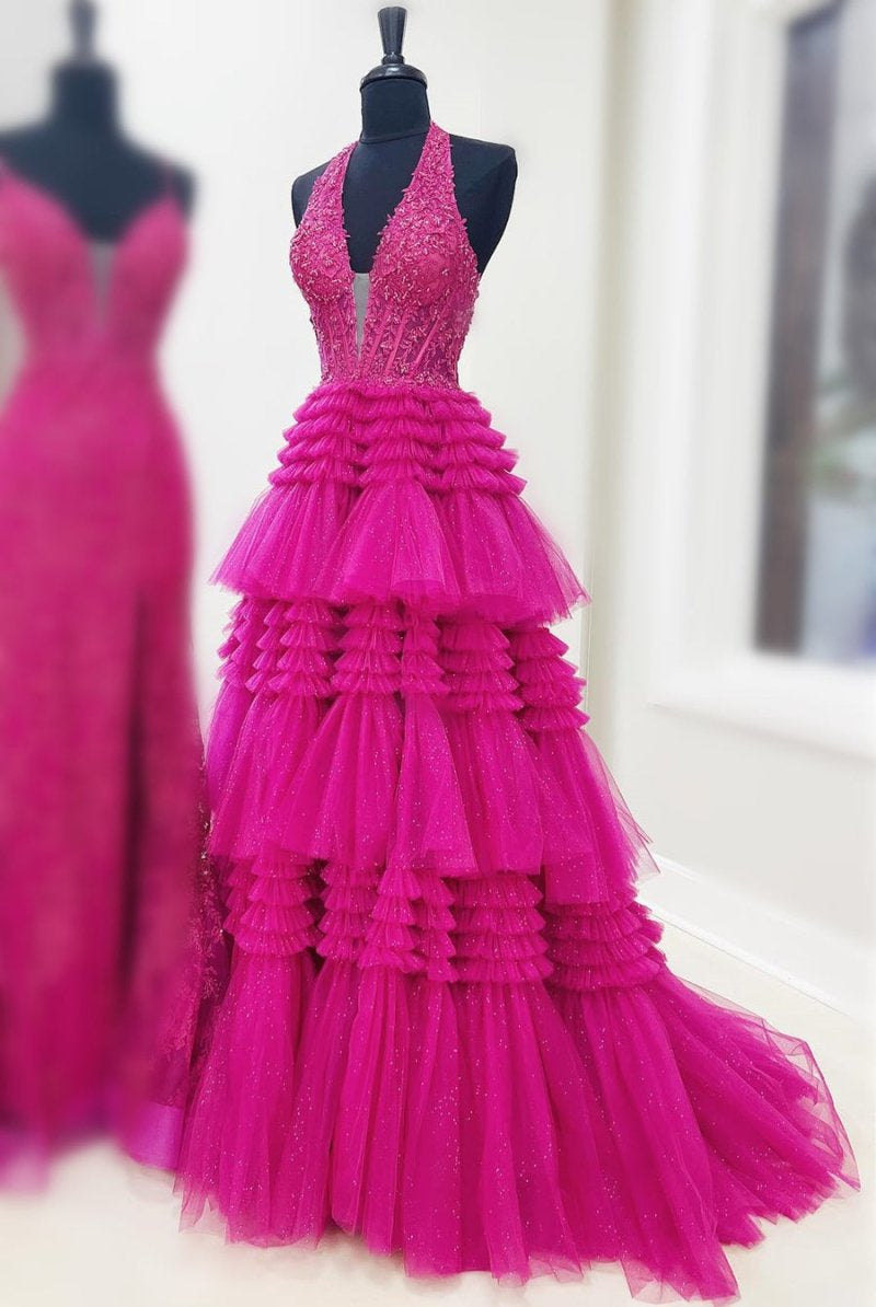 Morton|Red Tulle Appliques Halter Ruffle Tiered Ball Gown