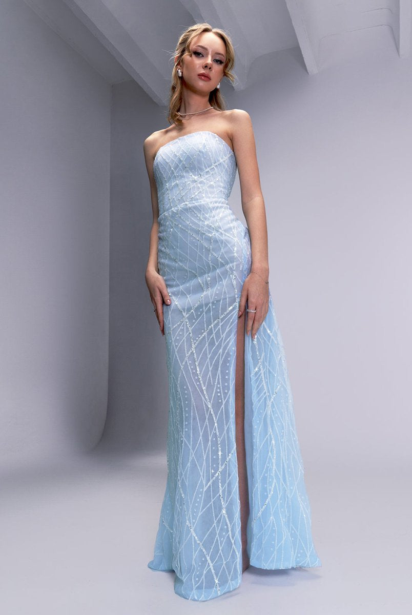 Celia | A-line Strapless Blue Long Prom Dresses Unique Evening Dress