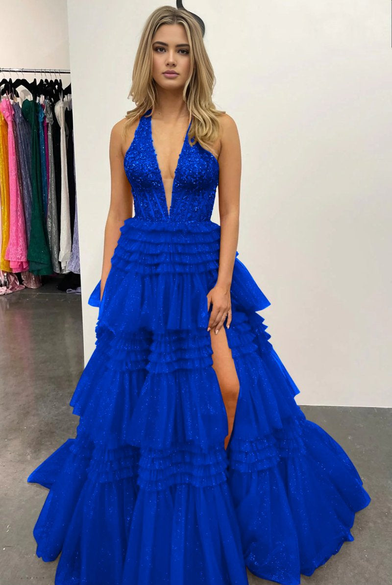 Morton|Red Tulle Appliques Halter Ruffle Tiered Ball Gown