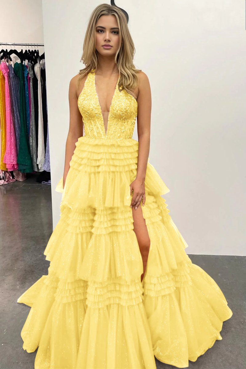 Morton|Red Tulle Appliques Halter Ruffle Tiered Ball Gown