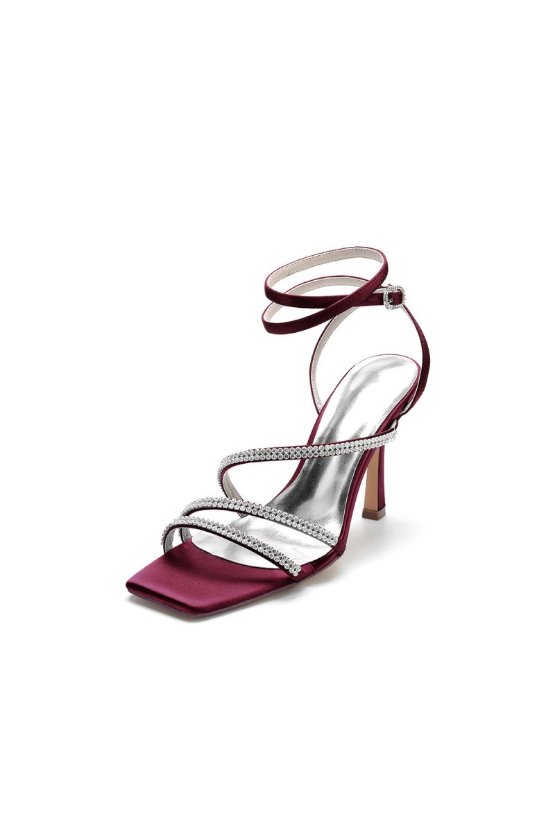 Multi Crystal Straps Square Open Toe Chunky Heels - KissProm