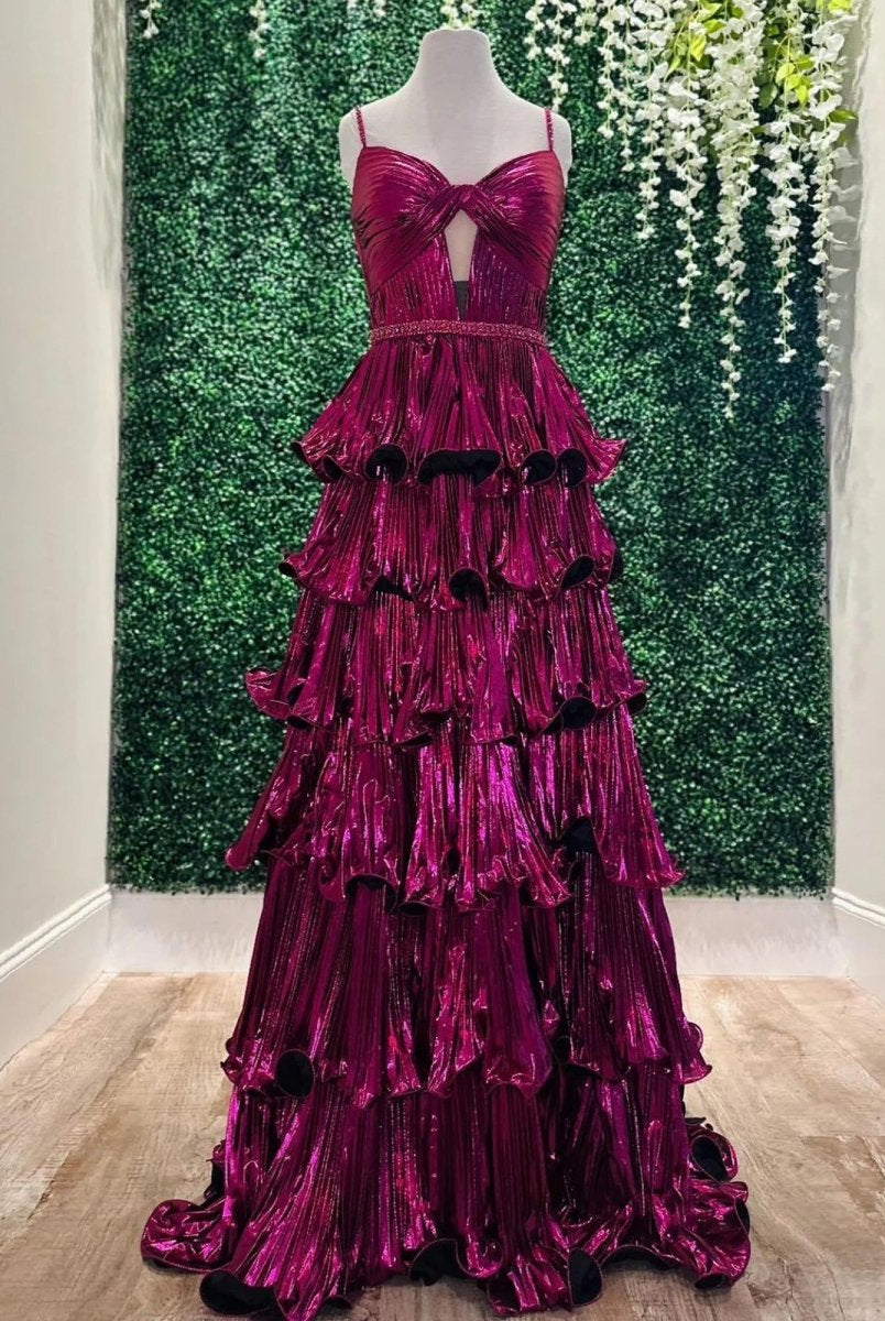 Murray | Sweetheart Spaghetti Straps Tiered A-Line Metallic Prom Dress