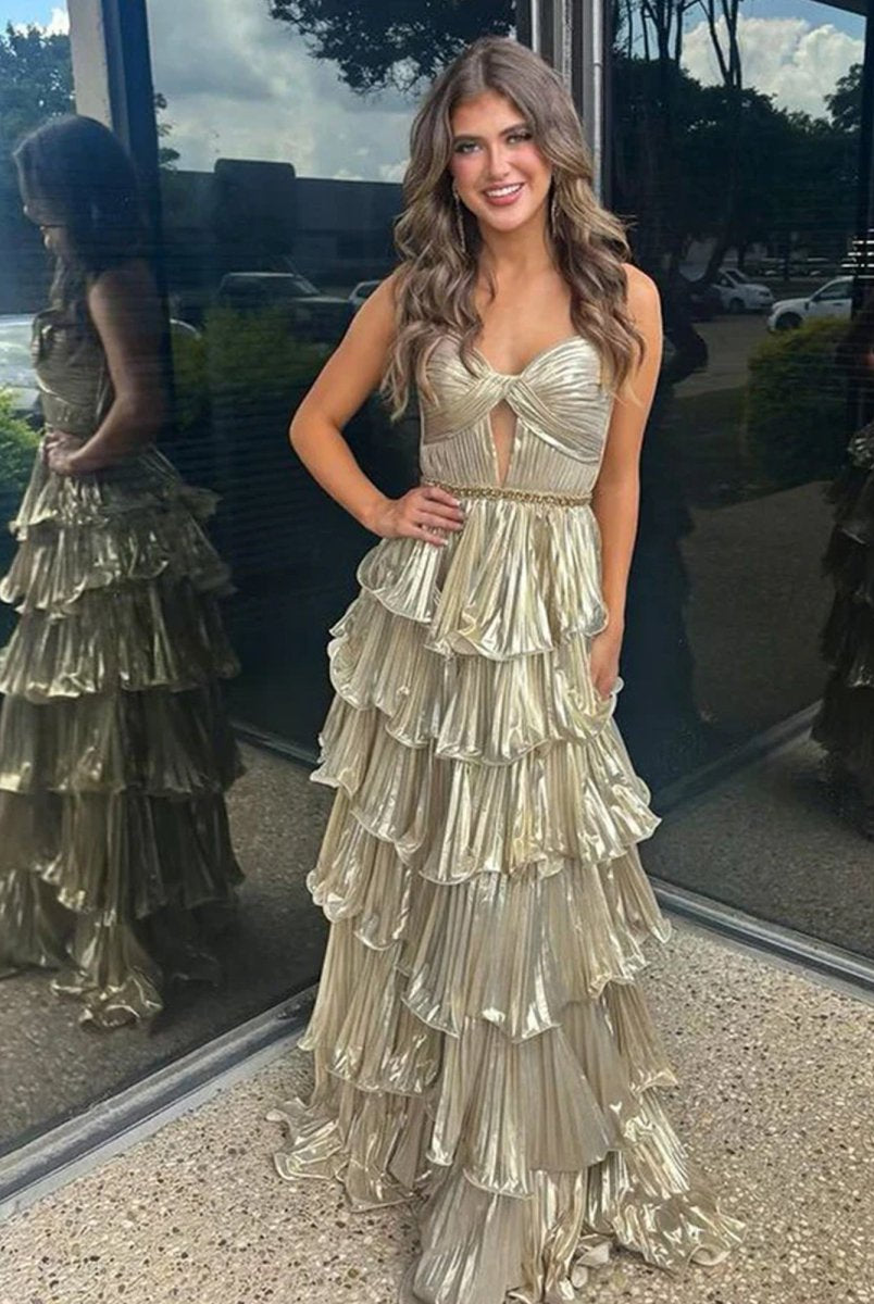 Murray | Sweetheart Spaghetti Straps Tiered A-Line Metallic Prom Dress