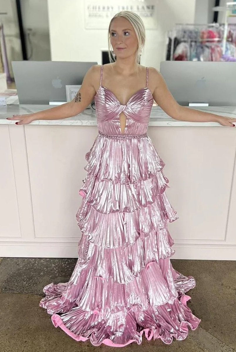 Murray | Sweetheart Spaghetti Straps Tiered A-Line Metallic Prom Dress