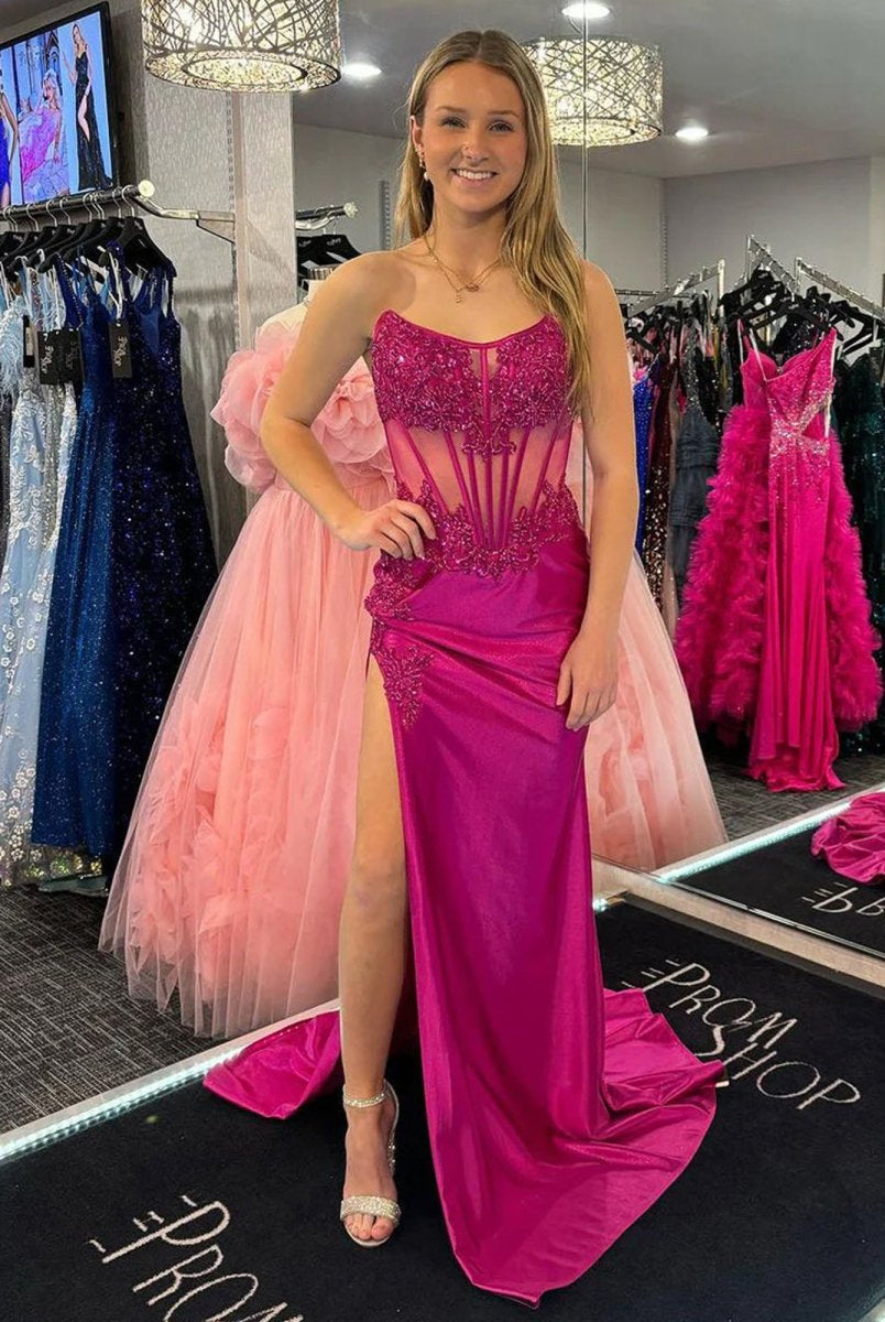Myki | Fuchsia Strapless Satin Mermaid Long Prom Dresses with Slit - KissProm