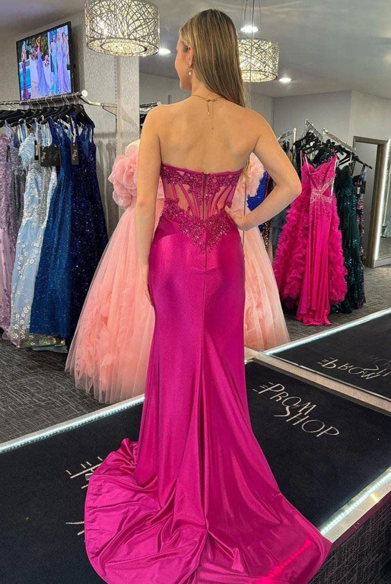 Myki | Fuchsia Strapless Satin Mermaid Long Prom Dresses with Slit - KissProm