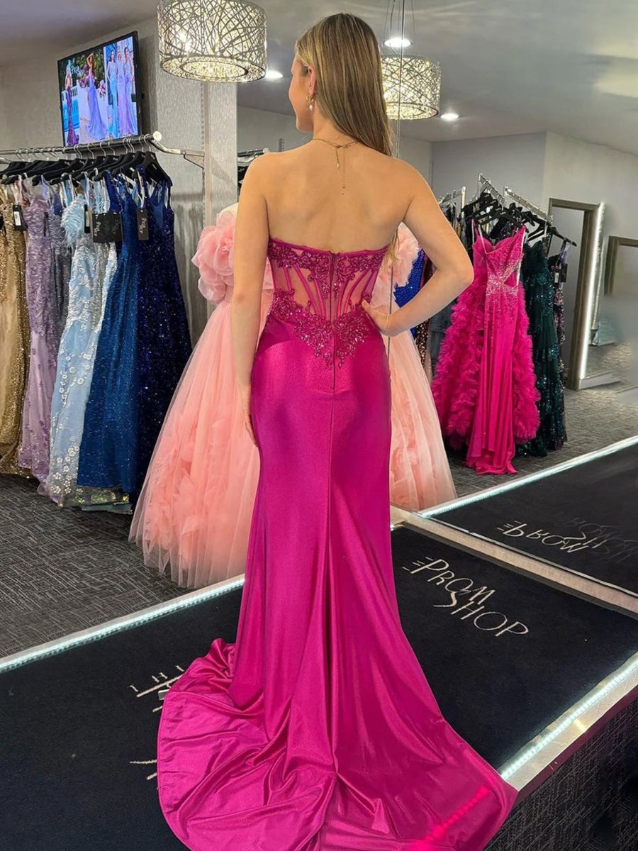 Myki | Fuchsia Strapless Satin Mermaid Long Prom Dresses with Slit - KissProm