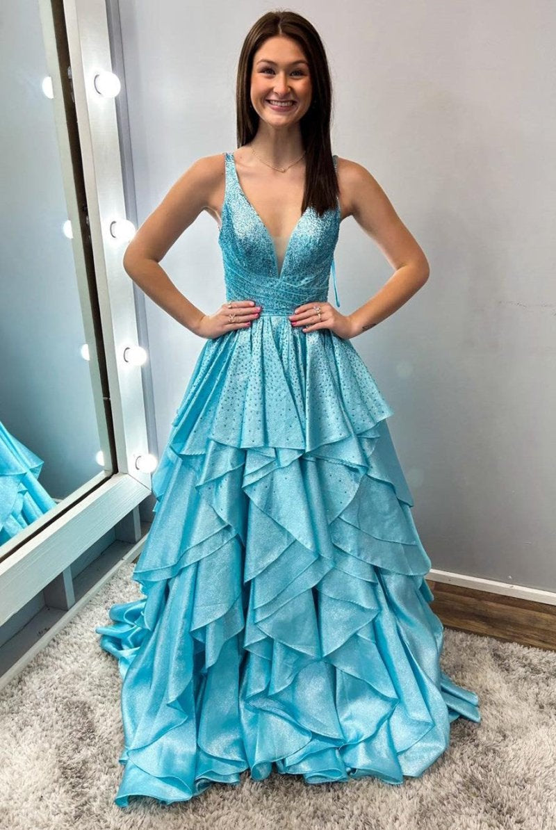 Nacre | Aqua Blue Hot Stone Multi - Layer Ruffle Long Prom Dress - KissProm