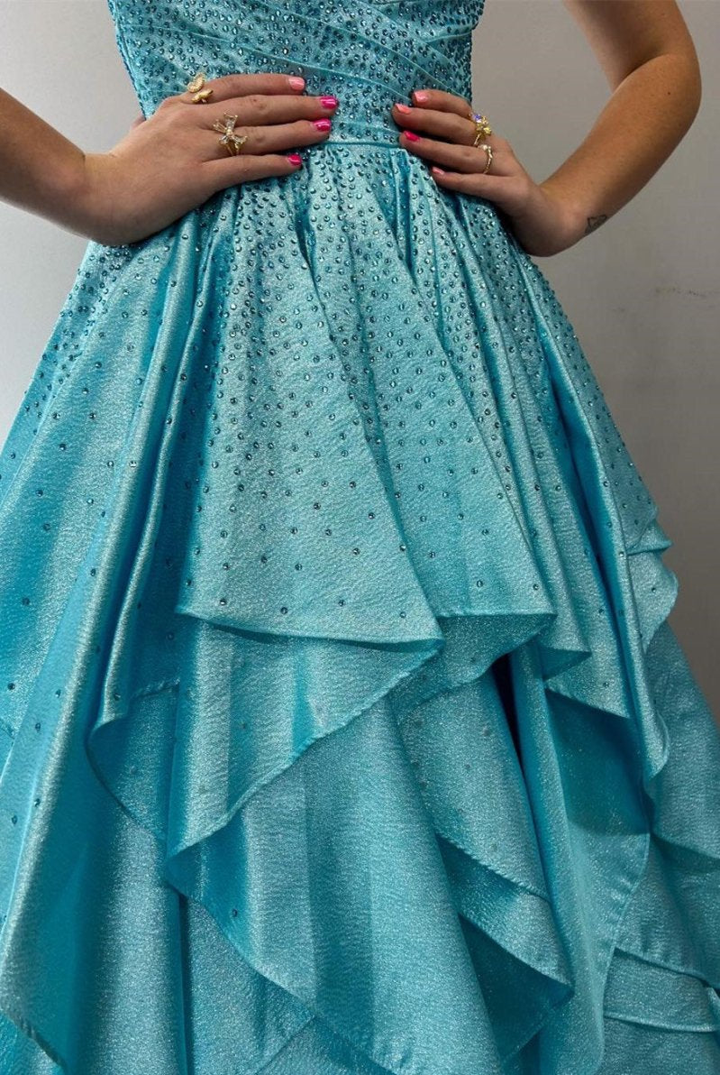Nacre | Aqua Blue Hot Stone Multi - Layer Ruffle Long Prom Dress - KissProm