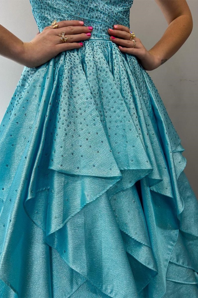 Nacre | Aqua Blue Hot Stone Multi - Layer Ruffle Long Prom Dress - KissProm