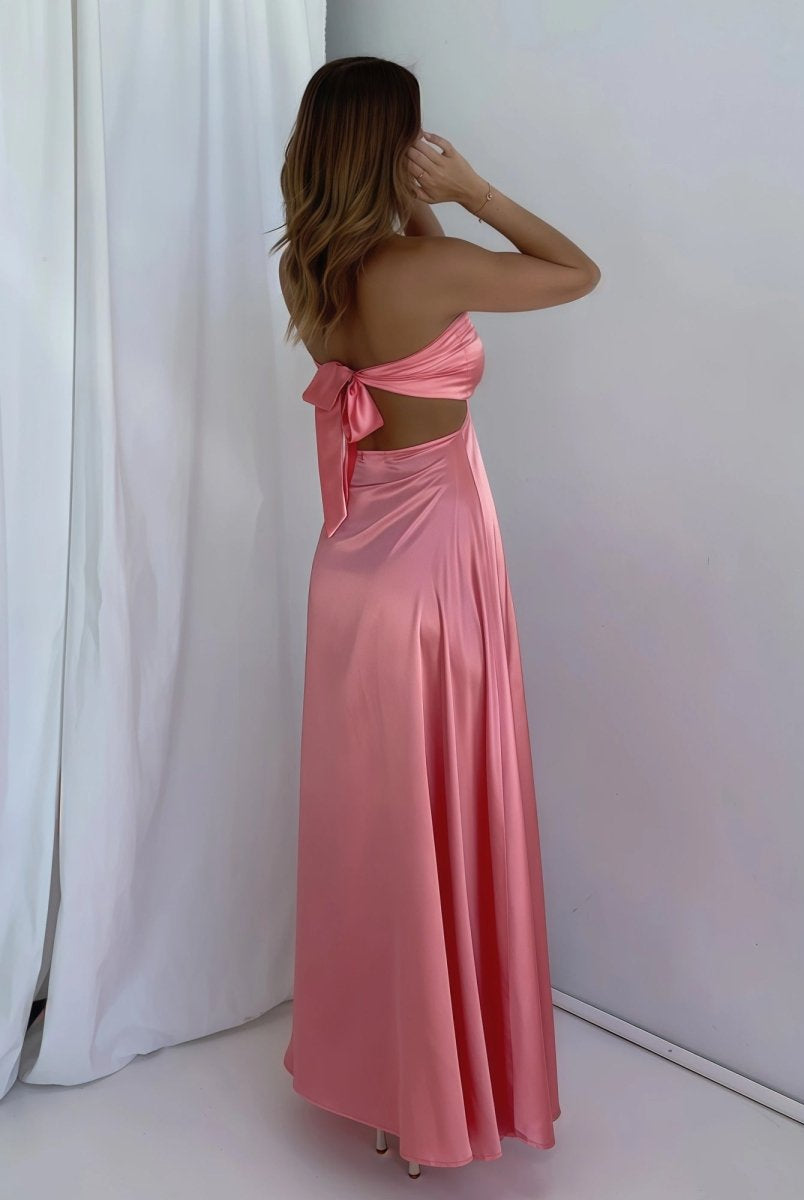 Nadine | Coral Strapless Back Tie Satin A - line Prom Dress - KissProm