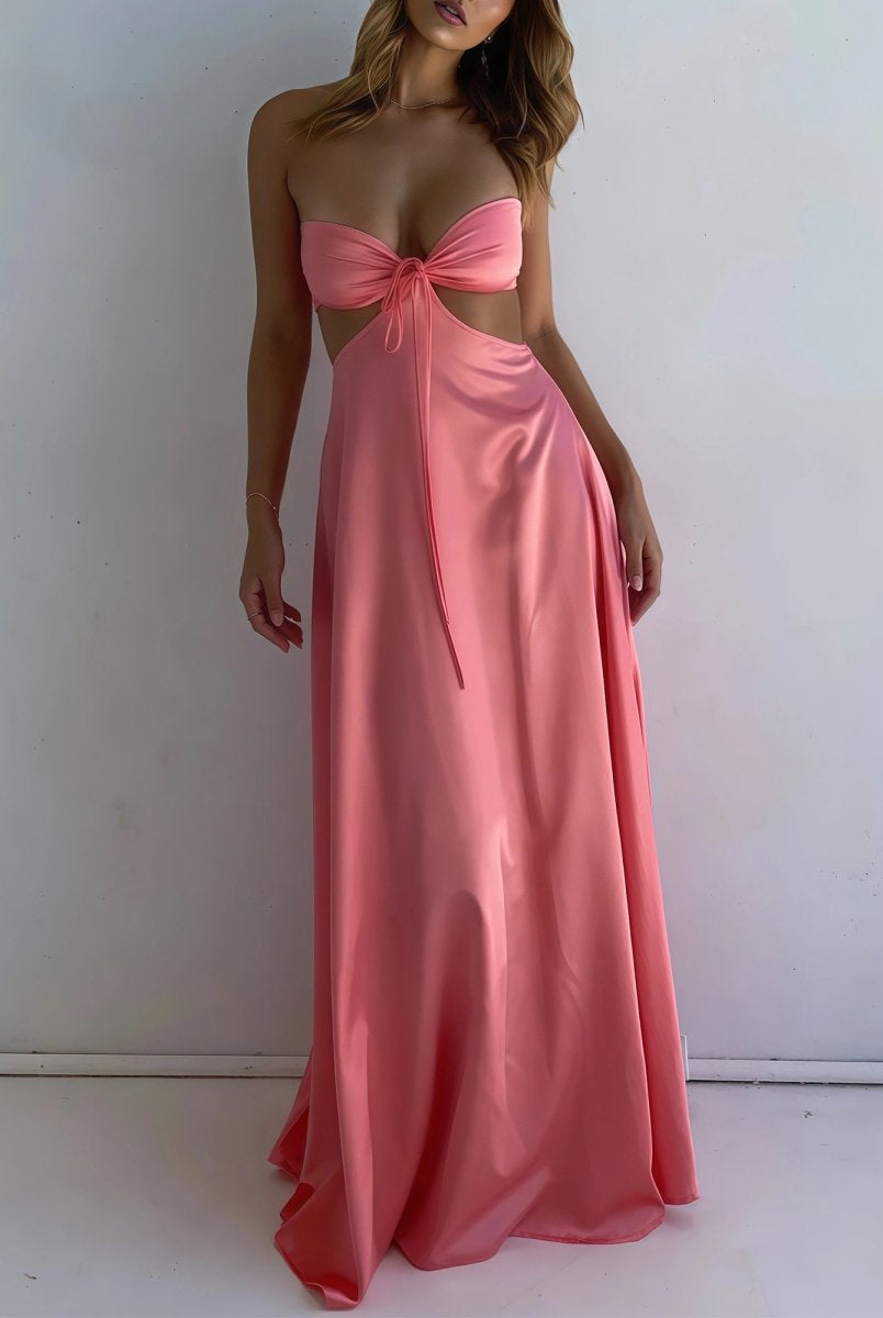 Nadine | Coral Strapless Back Tie Satin A - line Prom Dress - KissProm