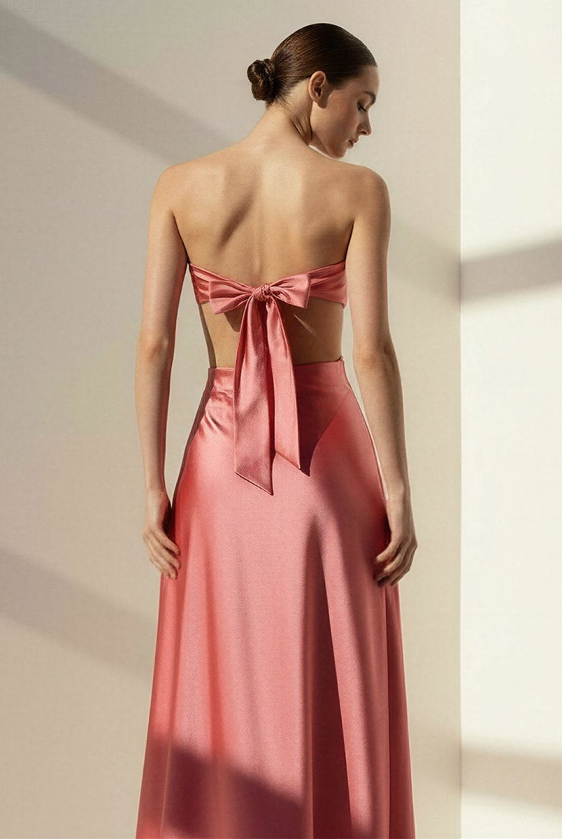 Nadine | Coral Strapless Back Tie Satin A - line Prom Dress - KissProm