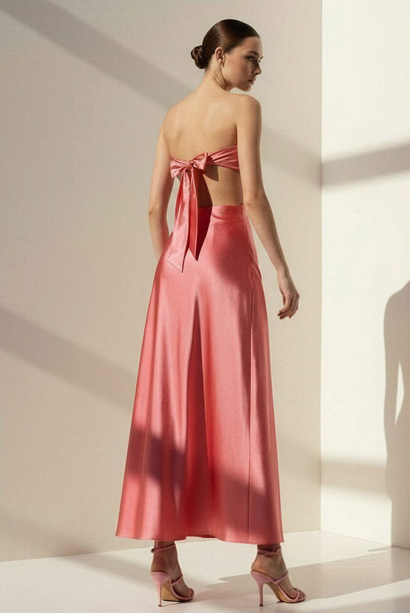 Nadine | Coral Strapless Back Tie Satin A - line Prom Dress - KissProm