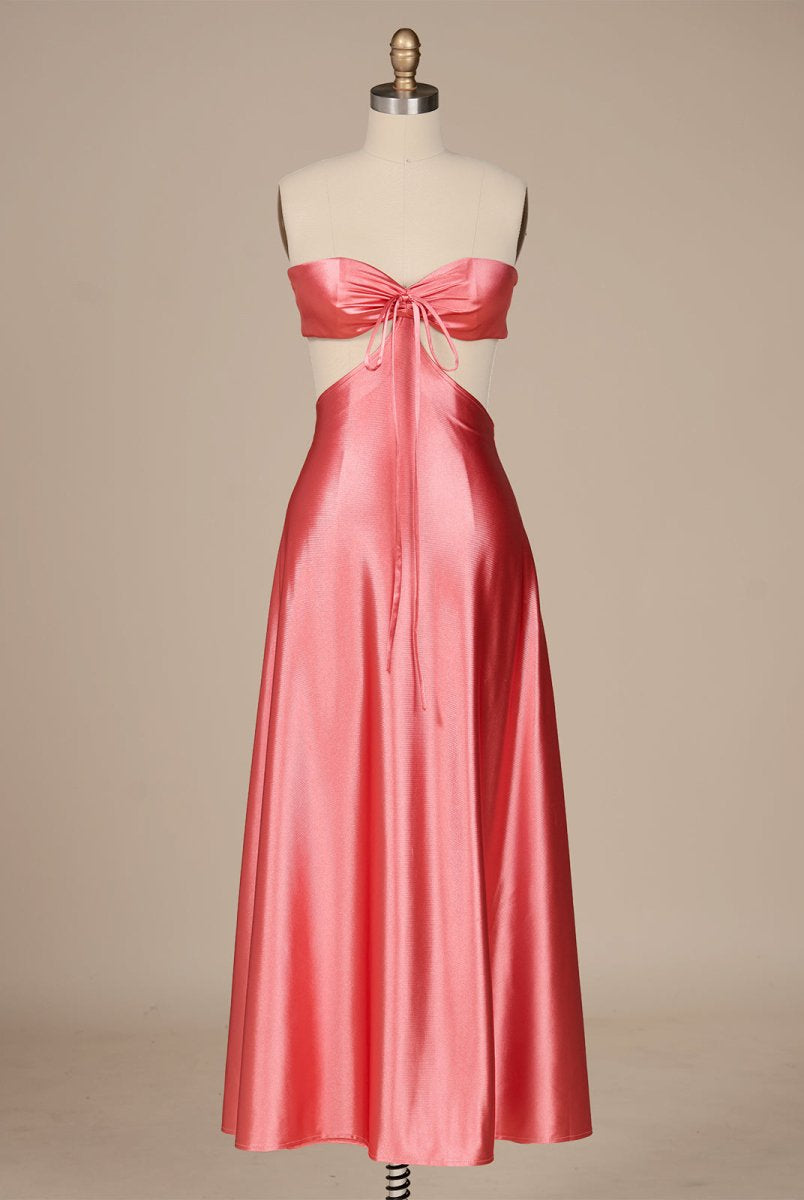 Nadine | Coral Strapless Back Tie Satin A - line Prom Dress - KissProm